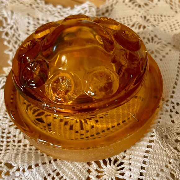 Vintage L.E. Smith Glass Moon and Stars Amber Small Lidded Canister - Picture 4 of 5
